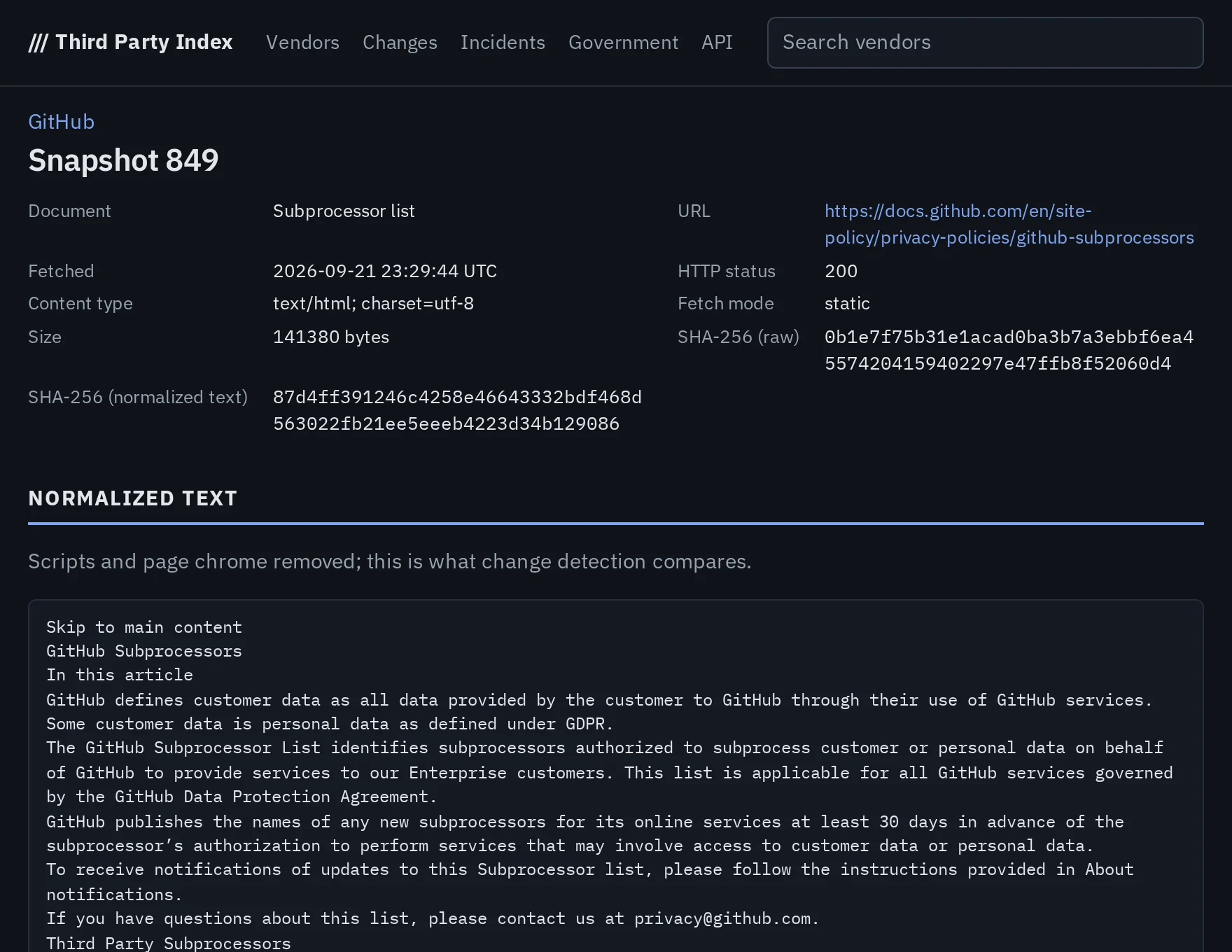 A stored snapshot of GitHub's subprocessor page with its fetch time, hashes and the normalized text
